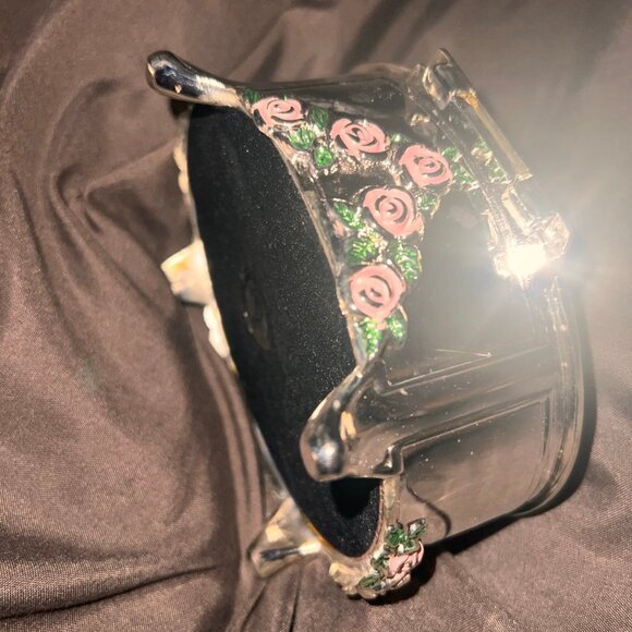 925 Silver jewelry box with pink roses design and red velvet liner inside. NEW - Picture 2 of 6